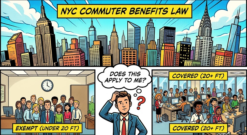 NYC Commuter Benefits Law A cartoon showing the NYC skyline and an employer thinking about the NYC commuter benefits law
