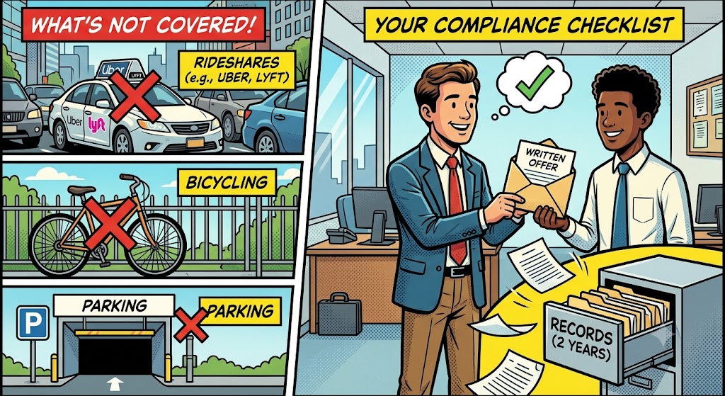 A cartoon about what is not covered under the NYC commuter benefits law
