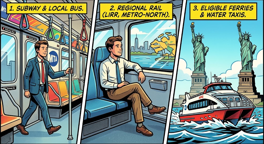NYC Commuter Benefits Law A guy on the subway, a train and a boat near the Statue of Libery thinking about the NYC commuter benefits law