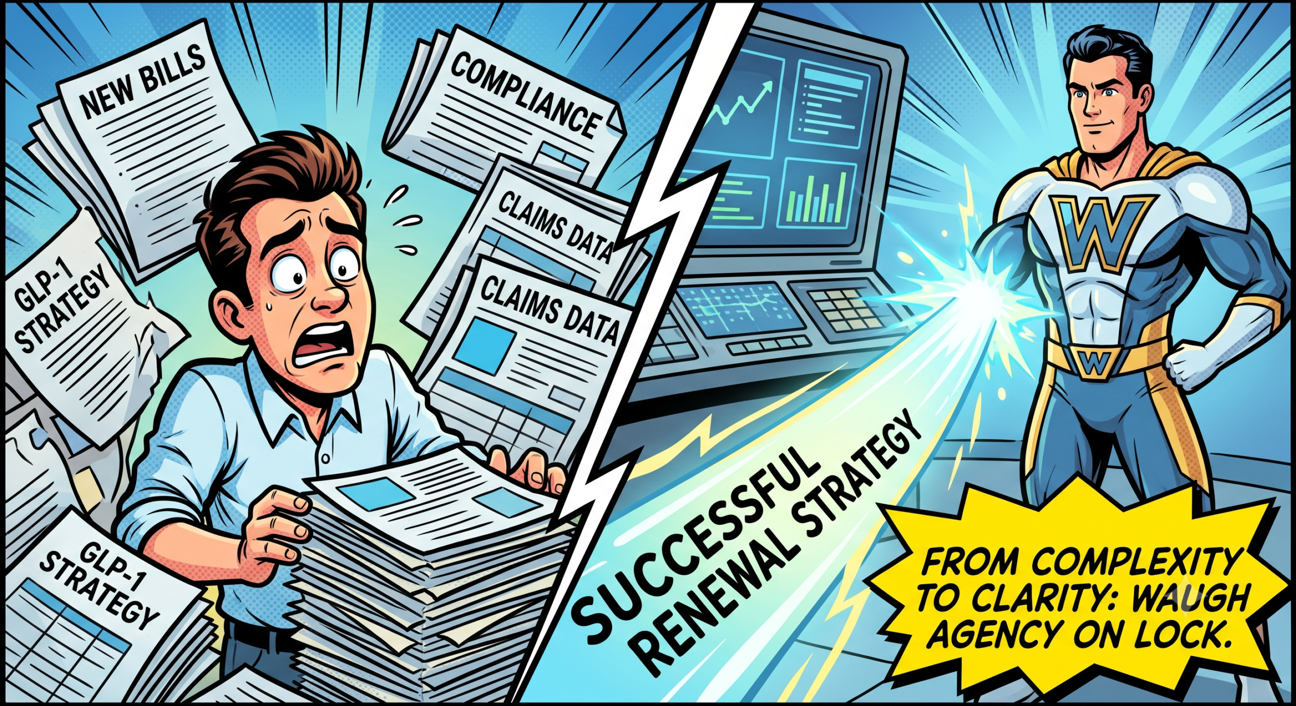 a visual 'Call to Action' showing how a specialized broker resolves the overwhelm of 'New Bills,' 'Compliance,' and 'GLP-1 Strategy' for a small business owner, clearing a dynamic path to a 'Successful Renewal Strategy.'